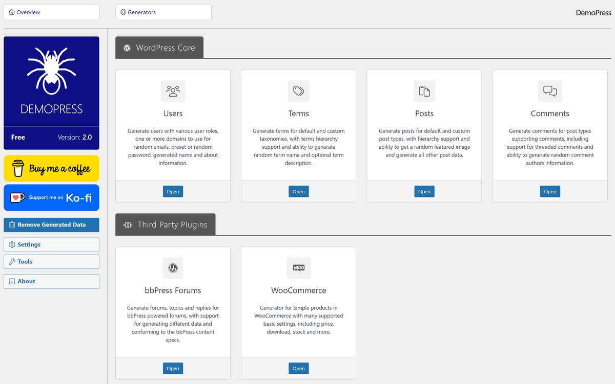 DemoPress WordPress plugin interface showing content type selection and generation options