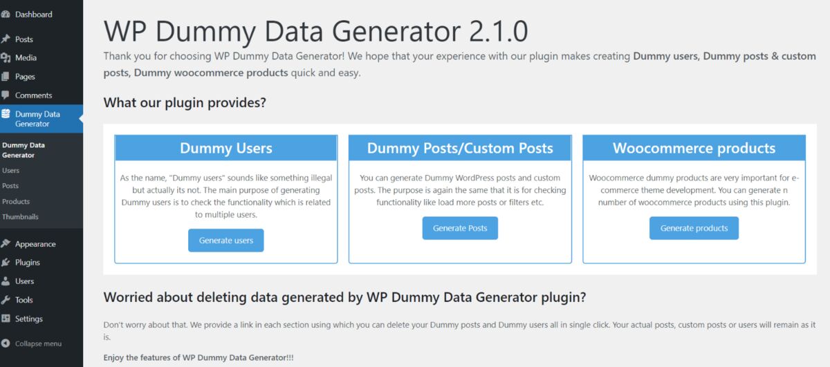 WP Dummy Content Generator dashboard showing content type cards and generation interface
