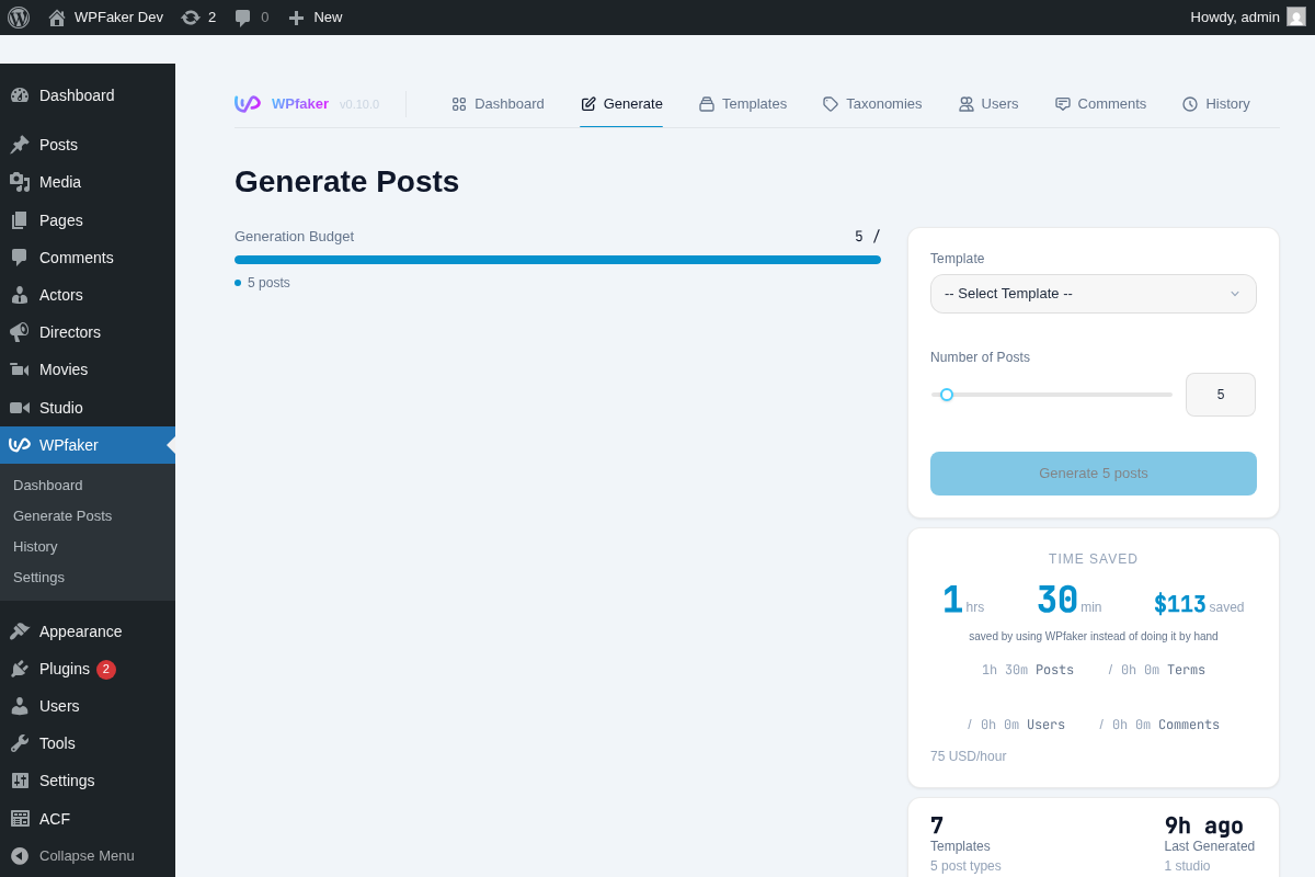 WPfaker generate page with template selector, post count slider, and generation overview