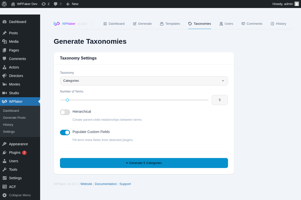 WPfaker Generate Taxonomies page with taxonomy dropdown, count slider, and hierarchical depth options