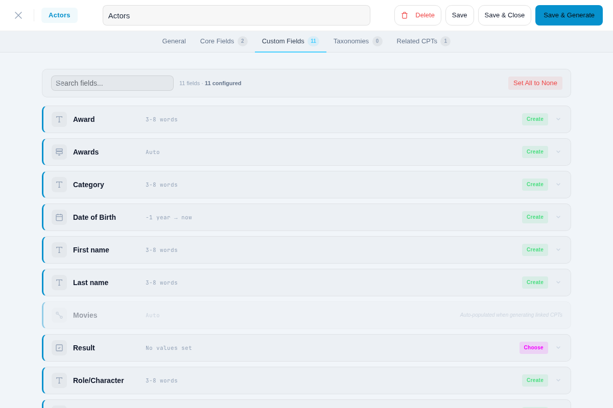 WPfaker template editor Custom Fields tab showing 11 automatically detected fields with type icons and generation modes