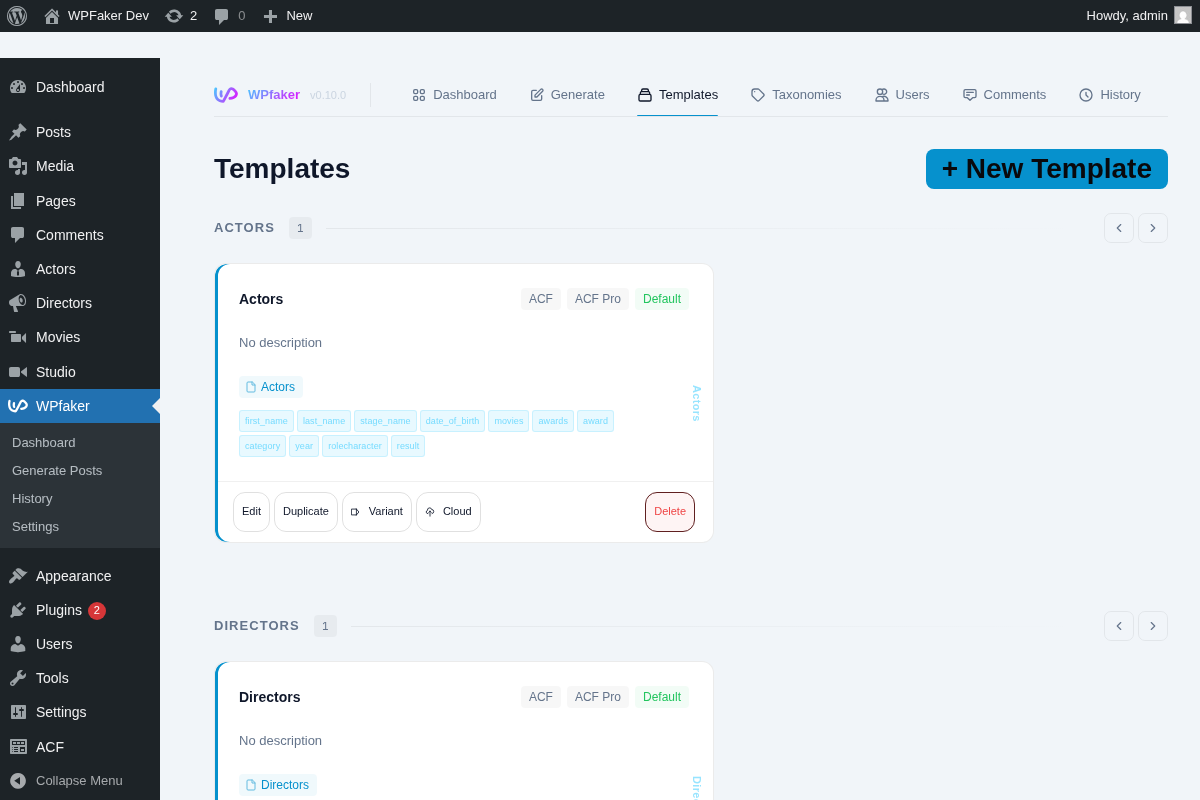 WPfaker template cards grouped by custom post type with Edit, Duplicate, and Variant actions