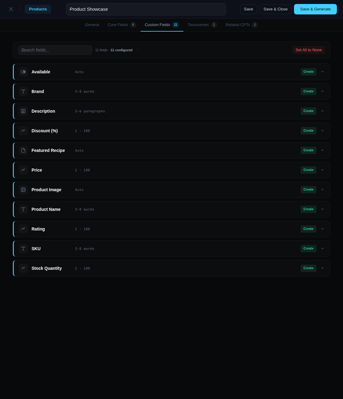 WPfaker Template Editor — Custom Fields configuration for a Product post type